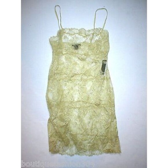 NWT $200 New Designer Josie Natori Night Gown Chemise Lace Gold Sheer Sexy S - Picture 2 of 10